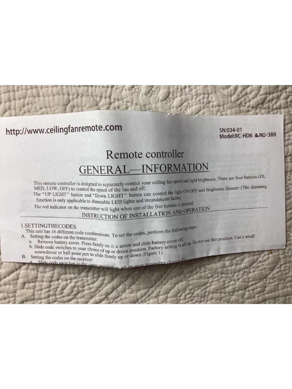 Ceiling Fan Remote Control Kit*Receiver*Model R28-2L*Speed*Light Control*NWB - Picture 2 of 5